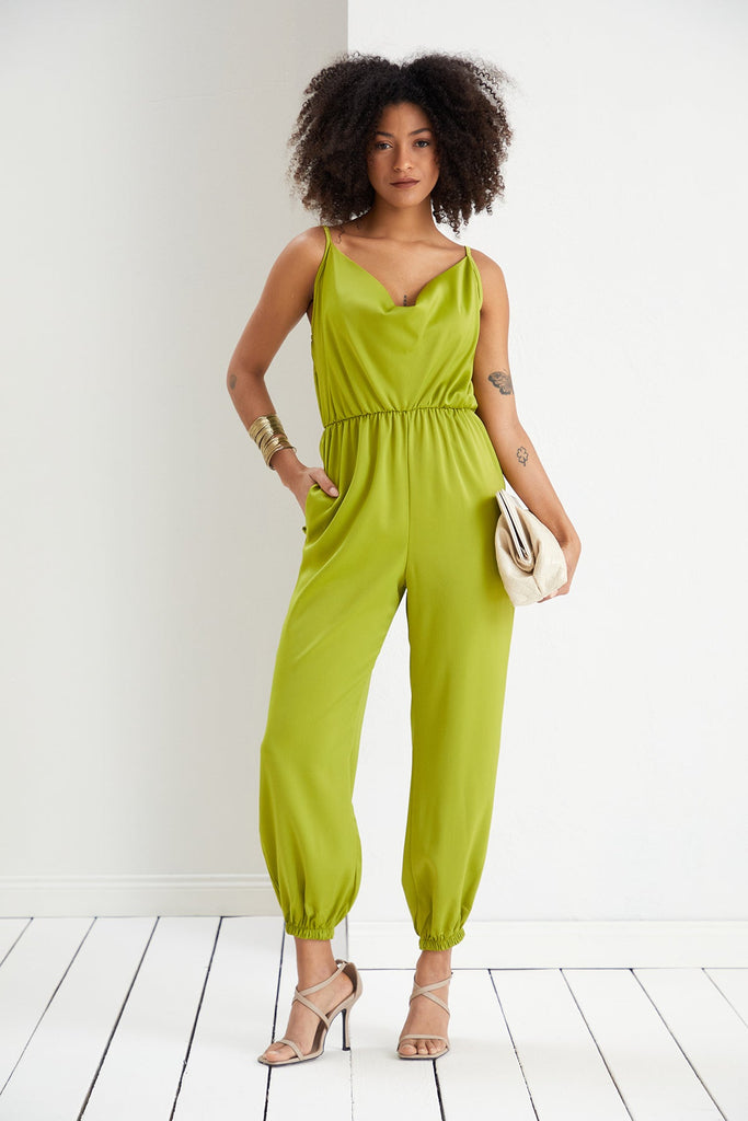 Satin Cami Slip Jumpsuit in Lime Green - jqwholesale.com