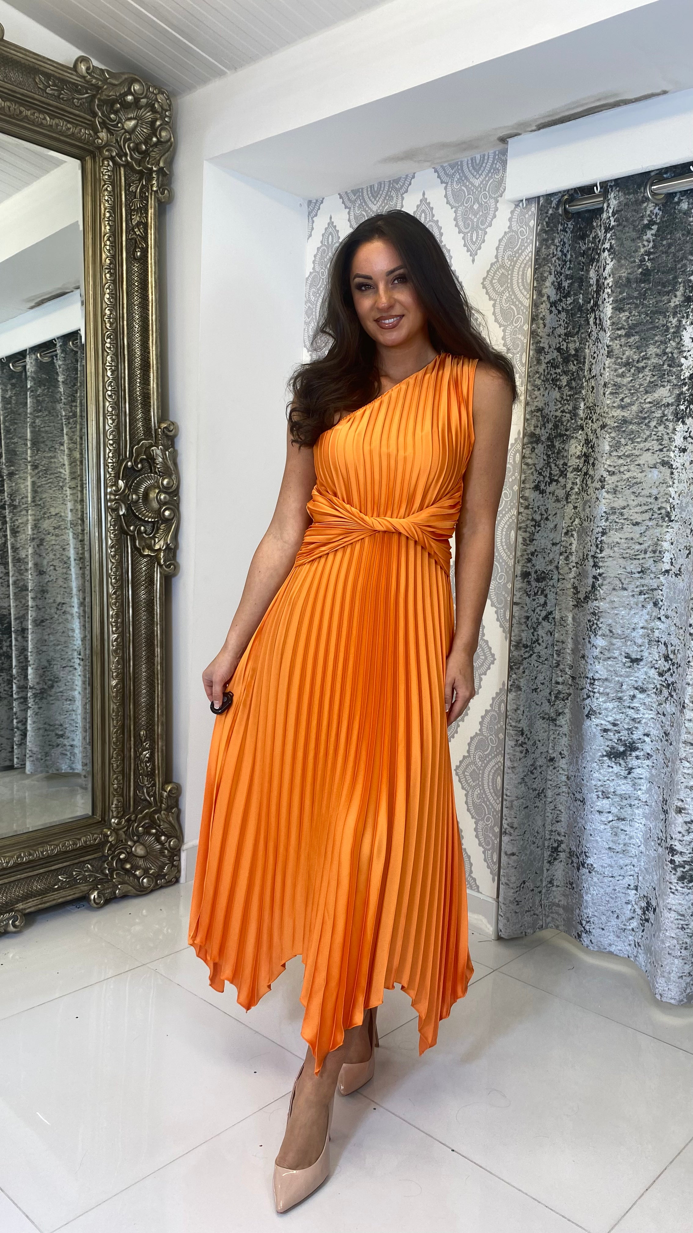 Pleated dip hem 2024 dress