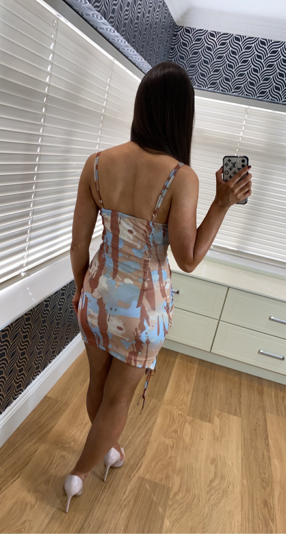Brown Multi Print Mesh Ruched Mini Dress